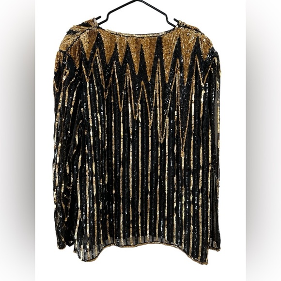 Silk sequin gold and black long sleeve blouse - Picture 5 of 6